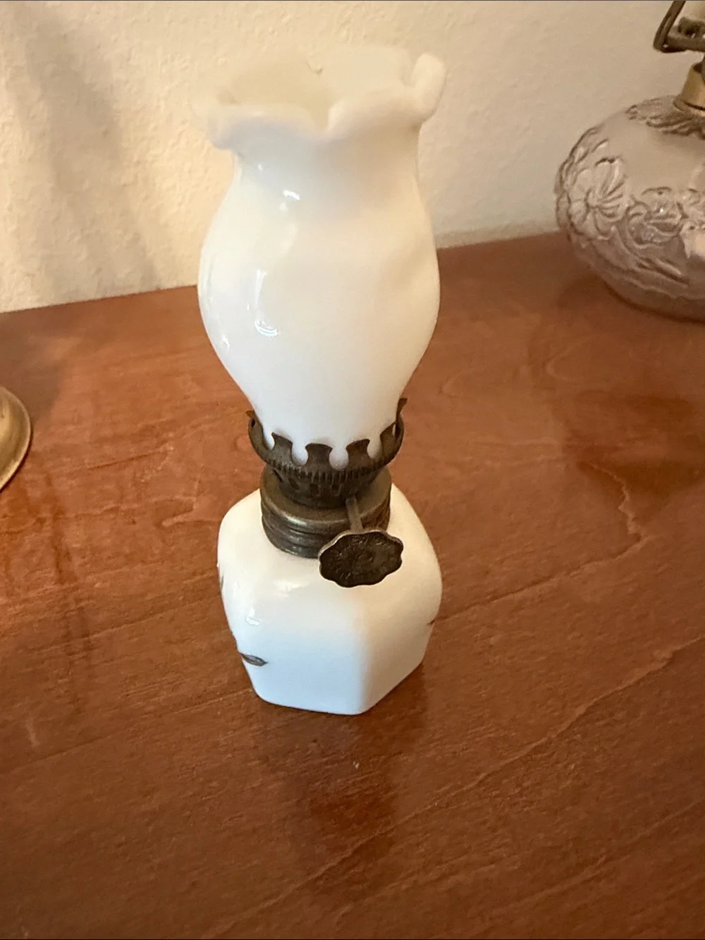 Miniature White Floral Milk Glass Mini Oil Lamp